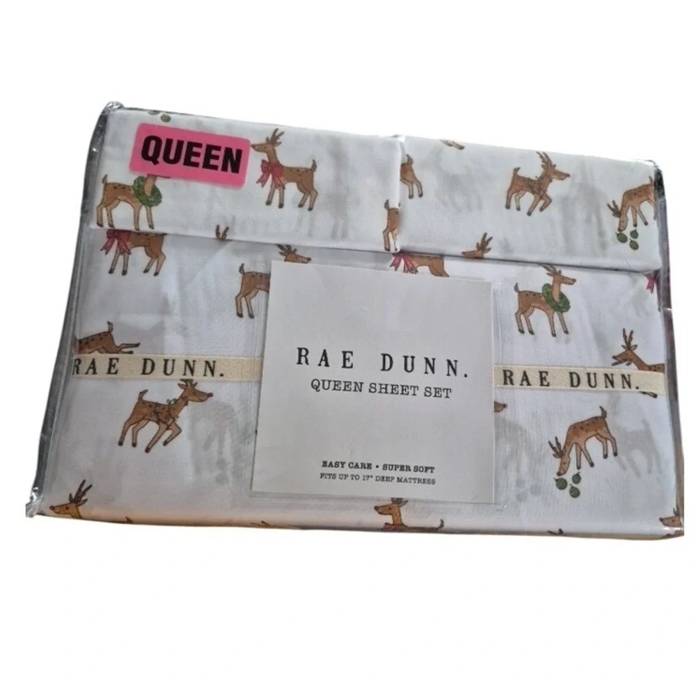 Rae Dunn Queen Sheet Set Reindeer Christmas Holiday Easy Care Super Soft